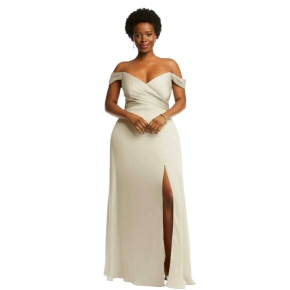 NWT Dessy Collection Off Shoulder Satin Maxi Dress Champagne Cream Color Size 18 - Picture 1 of 15
